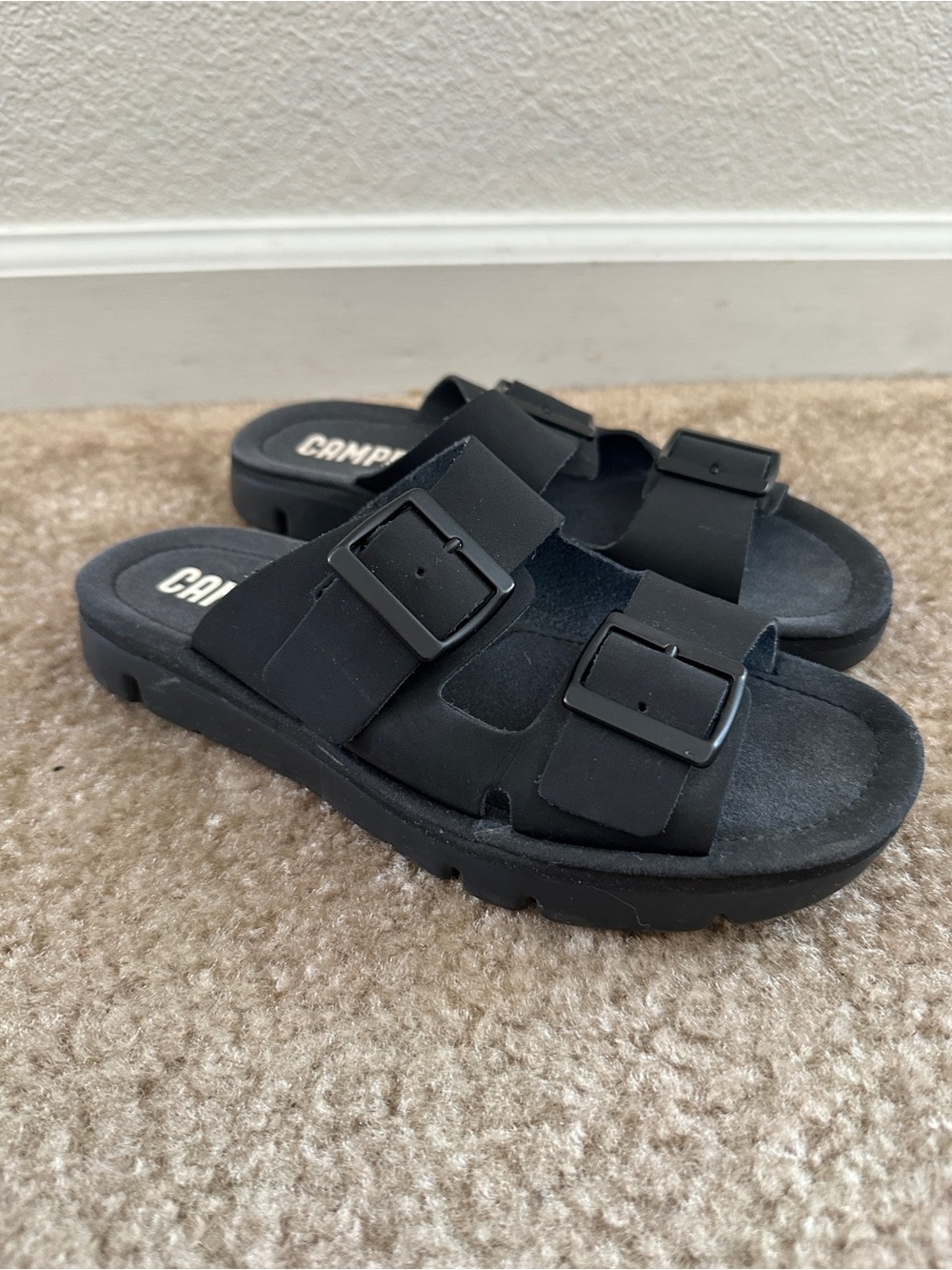 Camper Black Oruga Double Buckle Slide Platform Sandals Size 37 Gorpcore